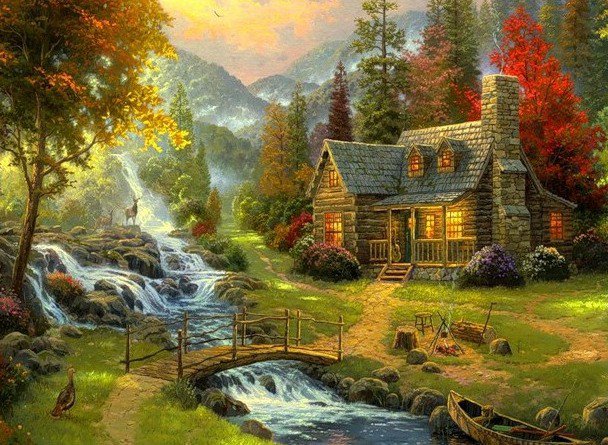 Райский уголок - дом, природа, река, мост, картина, лес, пейзаж - оригинал