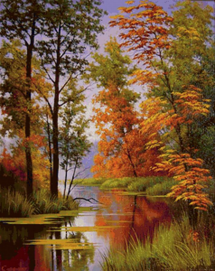 Осенний пейзаж - осень, река, пейзаж, лес, природа, картина - предпросмотр