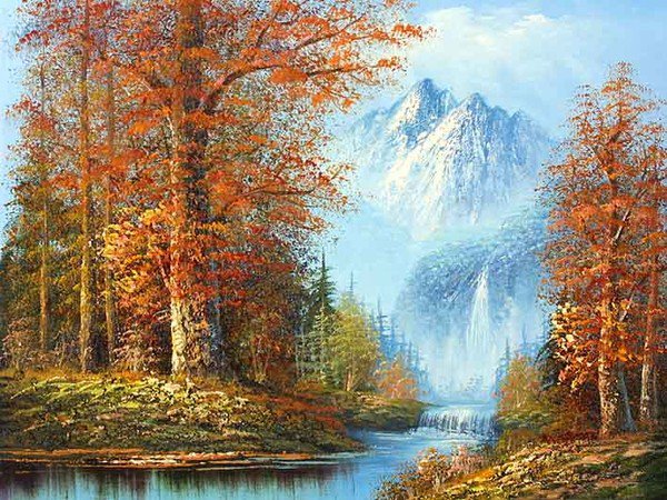 Краски осени - река, пейзаж, лес, картина, природа, горы, живопись, осень - оригинал