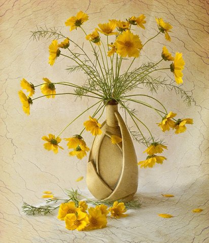 Желтые цветы - цветы, ваза, желтые цветы, трещины - оригинал