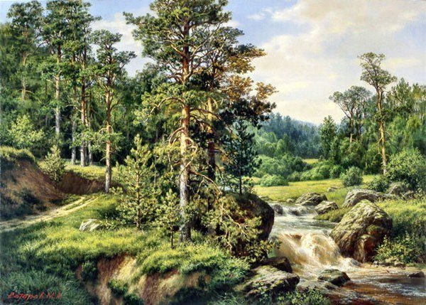 Сатаров, горная река среди сосен - сатаров, художник, сосны, горная река, лес, картина - оригинал