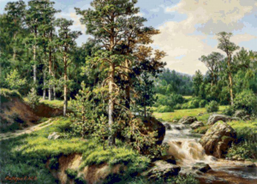 Сатаров, горная река среди сосен - сосны, художник, горная река, картина, сатаров, лес - предпросмотр