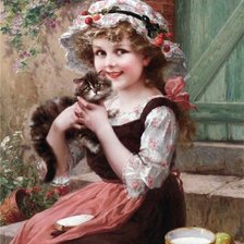 Оригинал схемы вышивки «девочка с котёнком» (№51827)