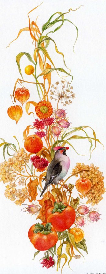 Цветочное панно - листья, птицы, цветы, осень, овощи, природа - оригинал