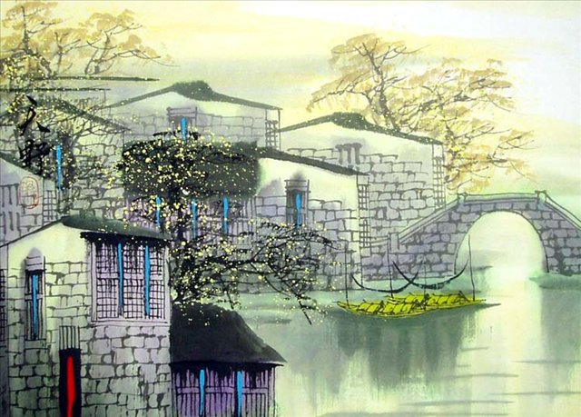 пейзаж - живопись, вода, дом, китай - оригинал