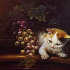 Оригинал схемы вышивки «котенок и виноградный листочек» (№68306)