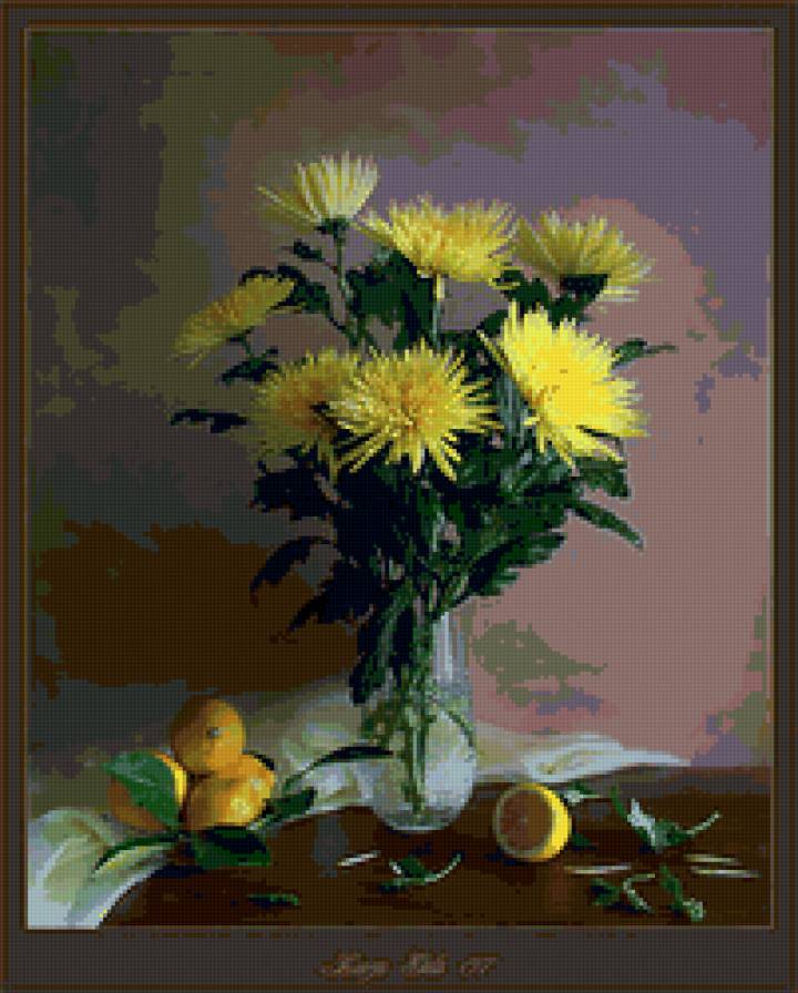 натюрморт - цветы, лимоны, натюрморт, хризантемы - предпросмотр