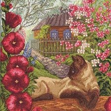 Схема вышивки «Кошка и деревенский пейзаж»