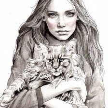 Оригинал схемы вышивки «Девушка с котом» (№70963)