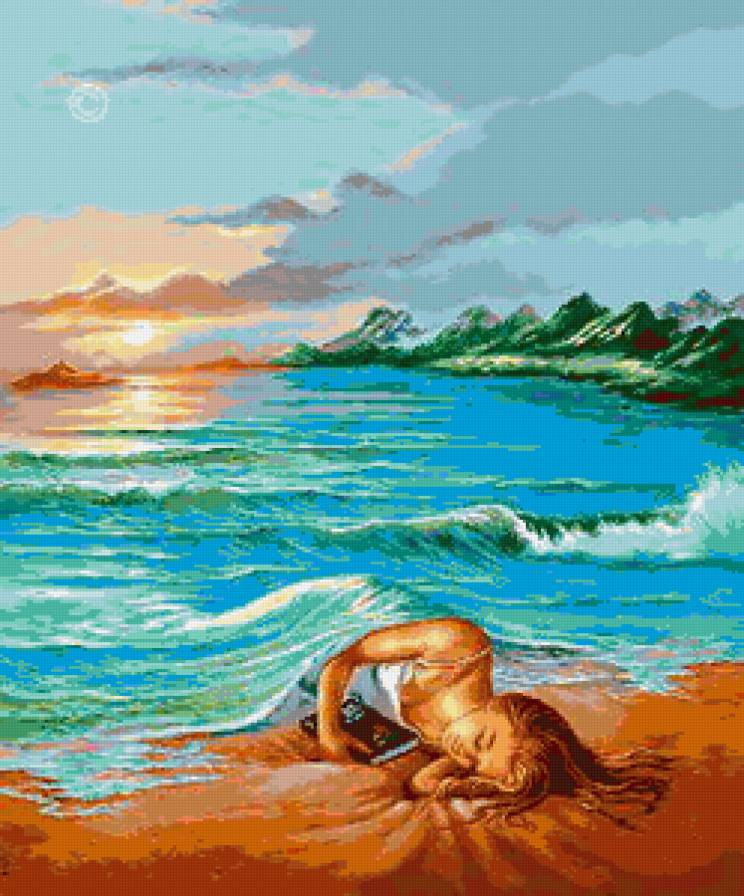 Объятия моря - пейзаж, картина, море, живопись, вода, девушка - предпросмотр