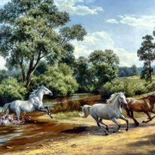 Оригинал схемы вышивки «Пейзаж, лошади» (№100012)