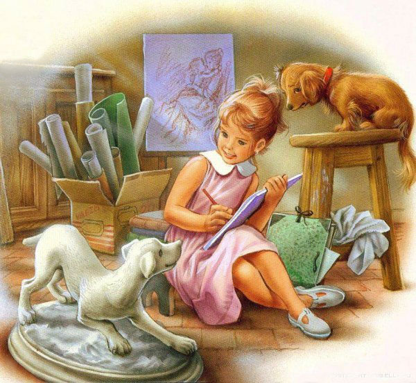 Маленькая художница - рисунок, собака, животные, девочка, щенок - оригинал