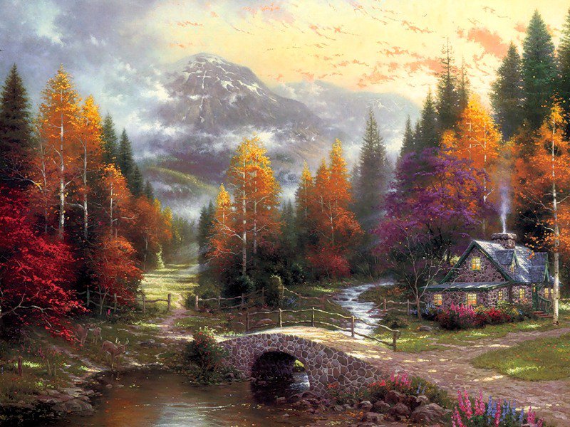 Серия "Пейзажи" - горы, домик, осень, пейзаж, река - оригинал