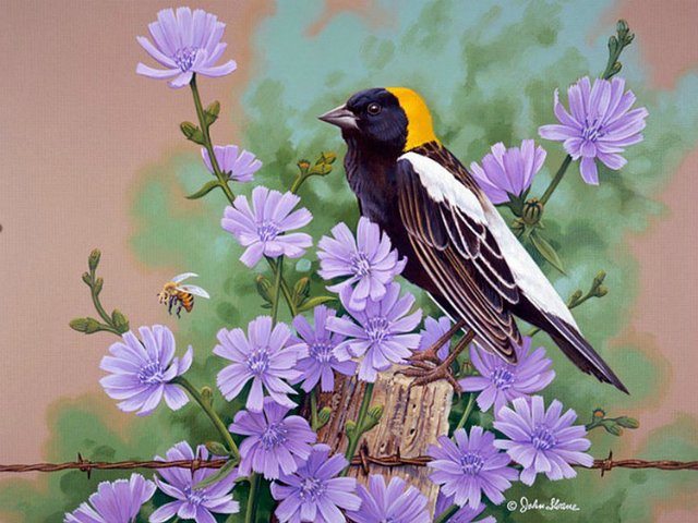 Серия "Птицы" - пейзаж, цветы, птицы - оригинал