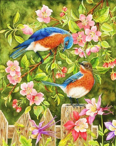 Серия "Птицы" - пейзаж, птицы, цветы - оригинал