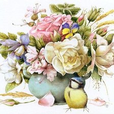 Оригинал схемы вышивки «цветы и синичка» (№114860)