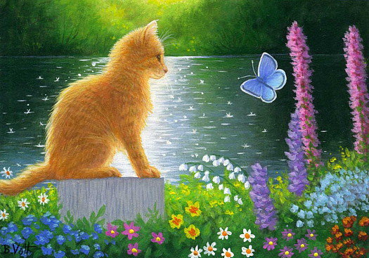 Кот и бабочка - кот, бабочки, животные, коты, кошки, озеро, бабочка - оригинал