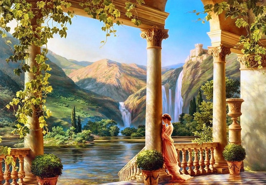 живопись - горы, водопад, женщина - оригинал
