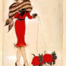 Схема вышивки «Дамочка в красном с собачками»