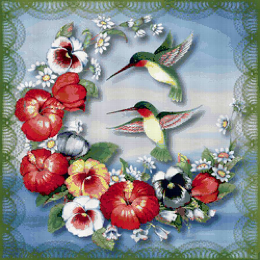 Птицы - подушка, живопись, цветы, птицы - предпросмотр