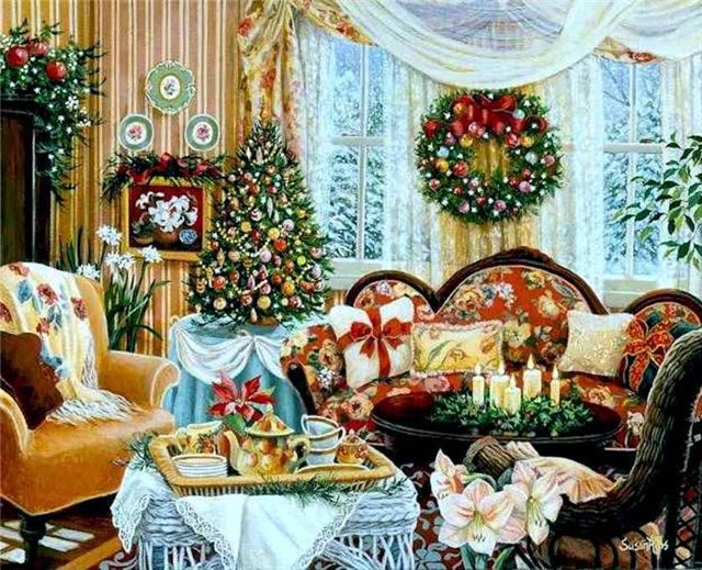 Новый год - новый год, елка, цветы, комната, кресло - оригинал