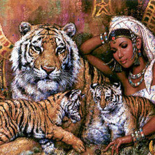 Схема вышивки «девушка и тигры»