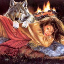Оригинал схемы вышивки «девушка и волки» (№202037)