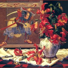 Схема вышивки «Натюрморт Самурай и красные лилии»