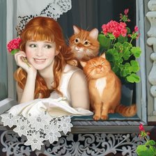 Схема вышивки «Девушка с котами.»
