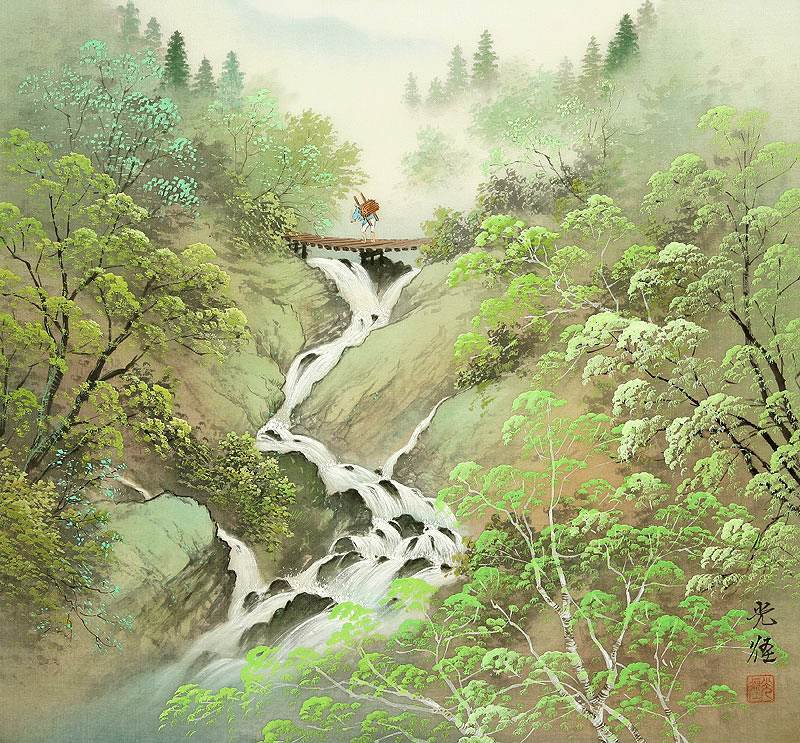 Яркие краски горной реки - река. мост, водопад, люди, пейзаж - оригинал