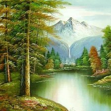Схема вышивки «Пейзаж, лес, река, горы»
