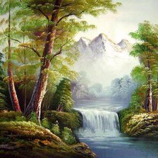 Оригинал схемы вышивки «Пейзаж, лес, река, горы» (№247252)