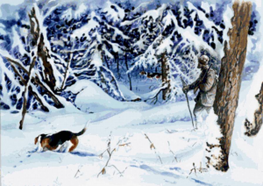 Лесные прогулки - зима, пейзаж, мужчина, люди, животные, собаки - предпросмотр