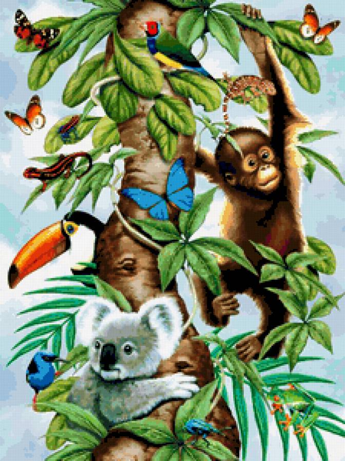 Райский Уголок - бабочки, птицы, обезьяна, ветка дерева, папугаи, природа - предпросмотр