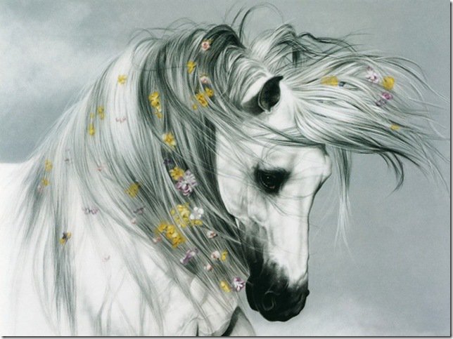 лошадь белая в цветах - звери, лошадь - оригинал