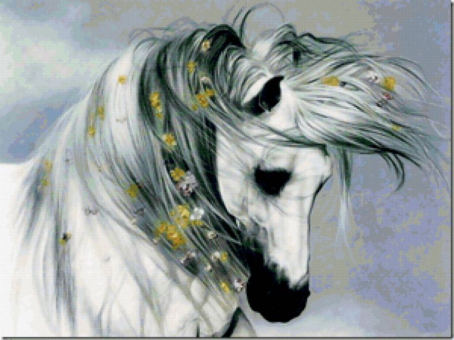лошадь белая в цветах - лошадь, звери - предпросмотр