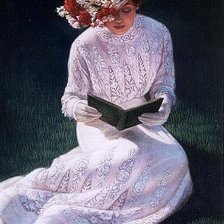Схема вышивки «Девушка в шляпке с цветами и книгой»