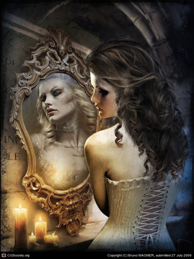 отражение - зеркало, отражение, свечи, девушка - оригинал