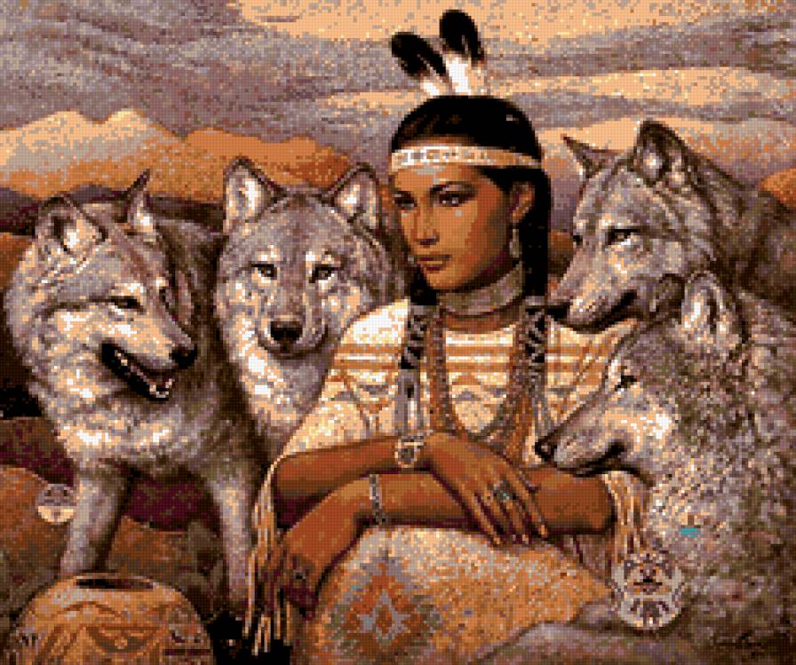 Индейская девушка с волками - волк, девушка, индейцы - предпросмотр