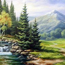 Оригинал схемы вышивки «Пейзаж, лес, река, горы» (№364077)