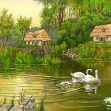 Схема вышивки «Пейзаж, лес, река, деревня»