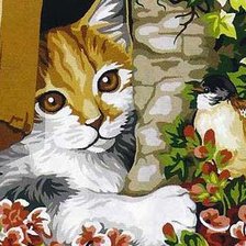 Оригинал схемы вышивки «Кот и птичка» (№380117)
