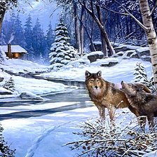Оригинал схемы вышивки «Волки в зимнем лесу» (№389545)