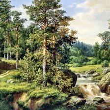 Оригинал схемы вышивки «Пейзаж, лес, река» (№406111)