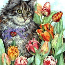 Схема вышивки «кошка и тюльпаны»