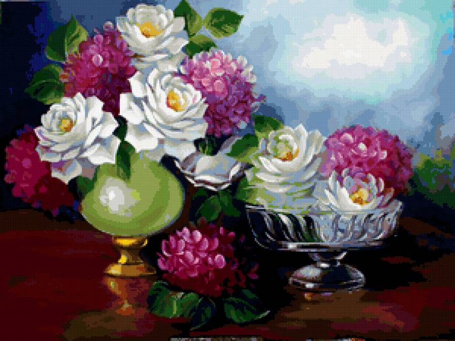 Белые розы и гортензии - букет, цветы, розы, гортензия - предпросмотр