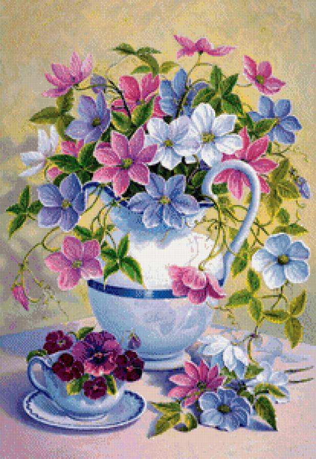 прекрасный букет - белые цветы, клематис, розовые цветы, букет, синие цветы - предпросмотр