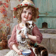 Схема вышивки «девочка с котёнком и щенком»