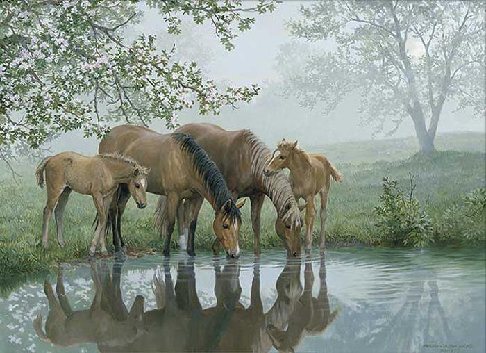 Persis Clayton Weirs - животные, живопись, семья, природа, река, лошадь, пейзаж - оригинал