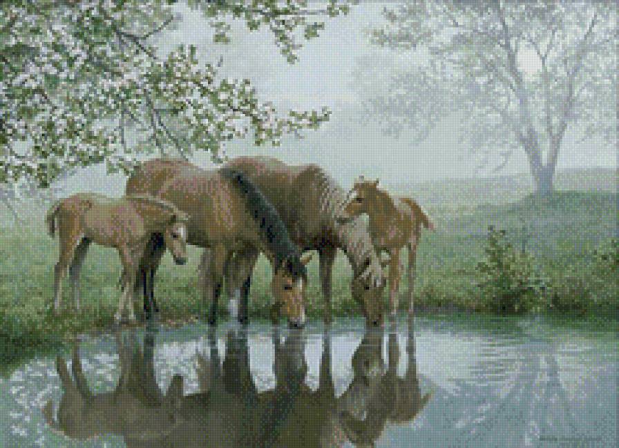 Persis Clayton Weirs - пейзаж, живопись, лошадь, животные, река, природа, семья - предпросмотр